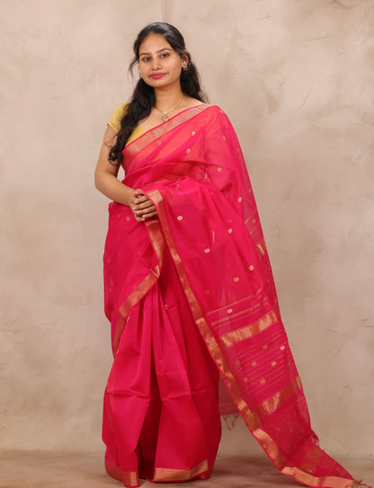 Rani Pink Handloom Maheswari Silk Cotton Sarees | Looms & Tassels