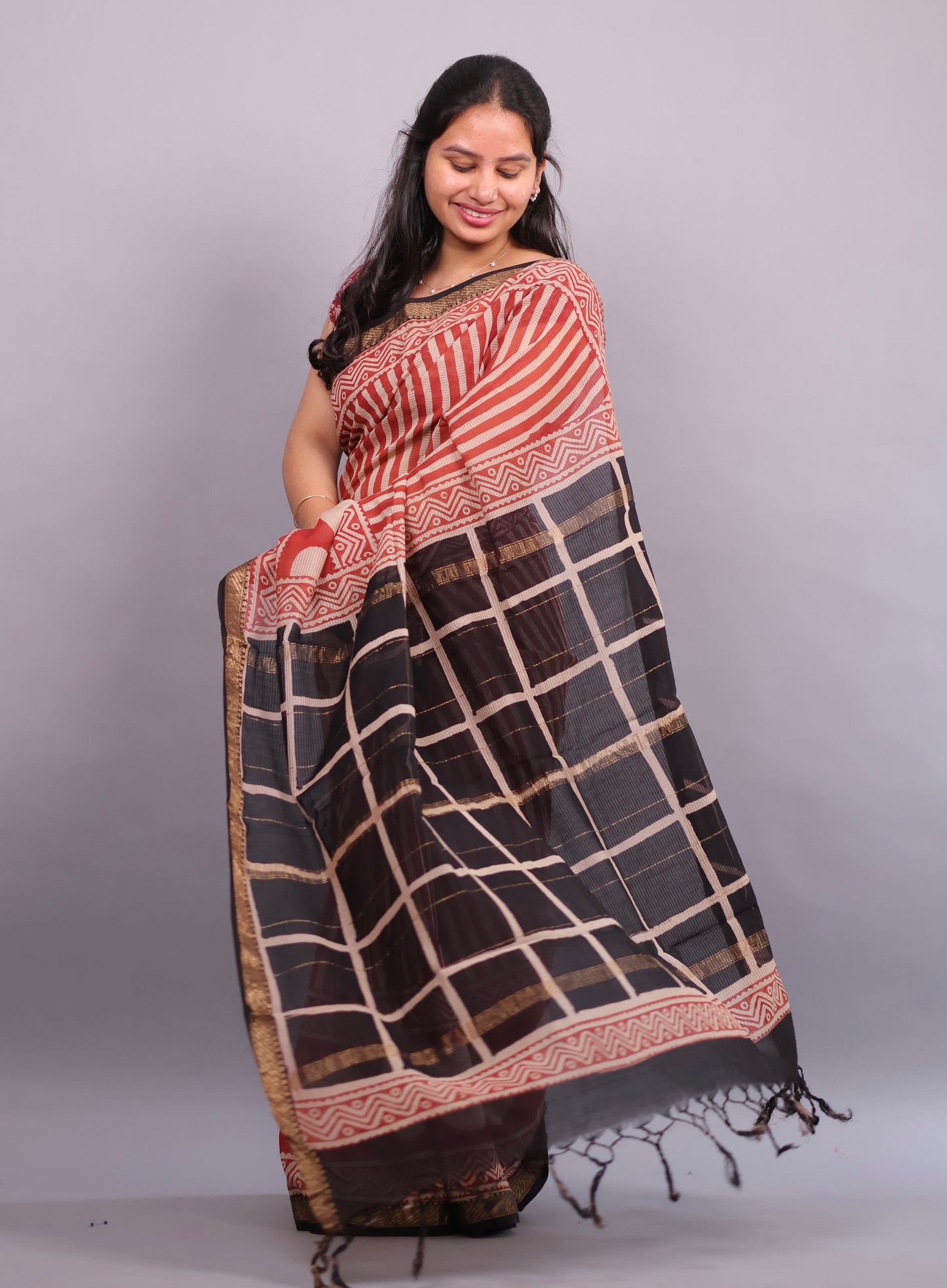 Red Bagru Hand Block Printed Maheswari Silk Cotton Saree