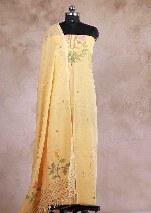 Yellow Handwoven Jamdhani weaving pure Malai cotton 2 piece suit sets | Looms & Tassels