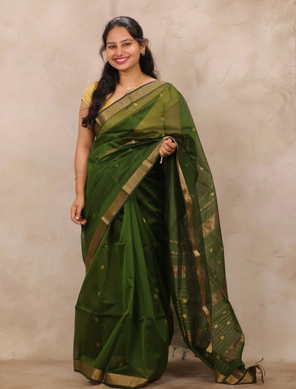 Green Handloom Maheswari Silk Cotton Sarees | Looms & Tassels