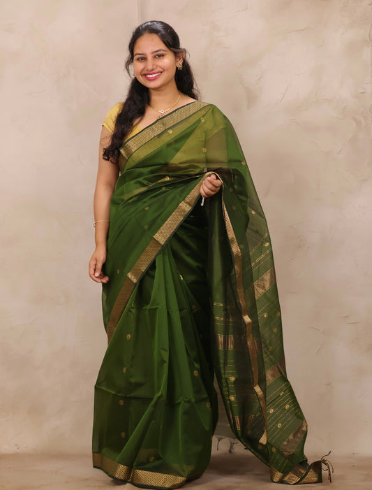 Green Handloom Maheswari Silk Cotton Sarees | Looms & Tassels