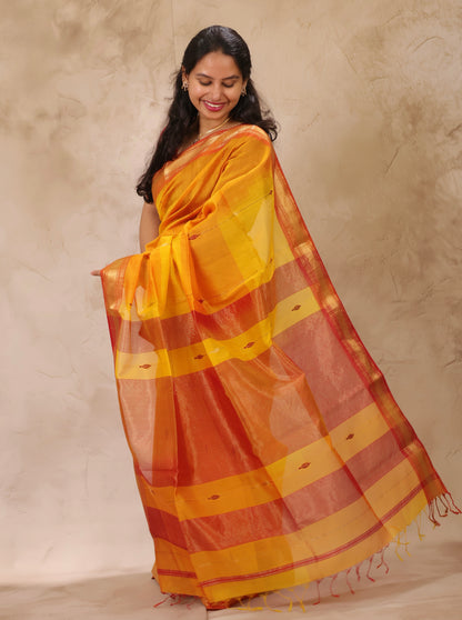 Yellow Dual Tone Handloom Maheswari Silk Cotton Sarees | Looms & Tassels