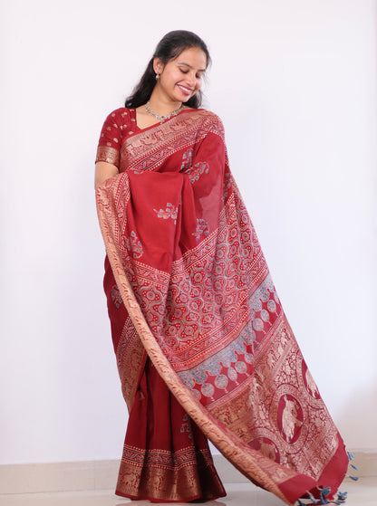 Red Ajrakh Dola Silk Saree