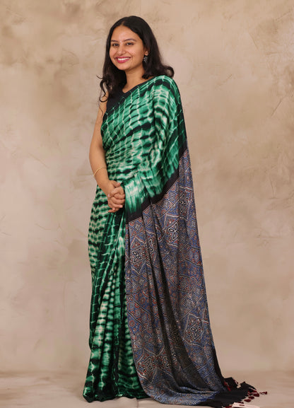 Tie & Dye Ajrakh Handblock Printed Modal Silk Saree | Looms & Tassels