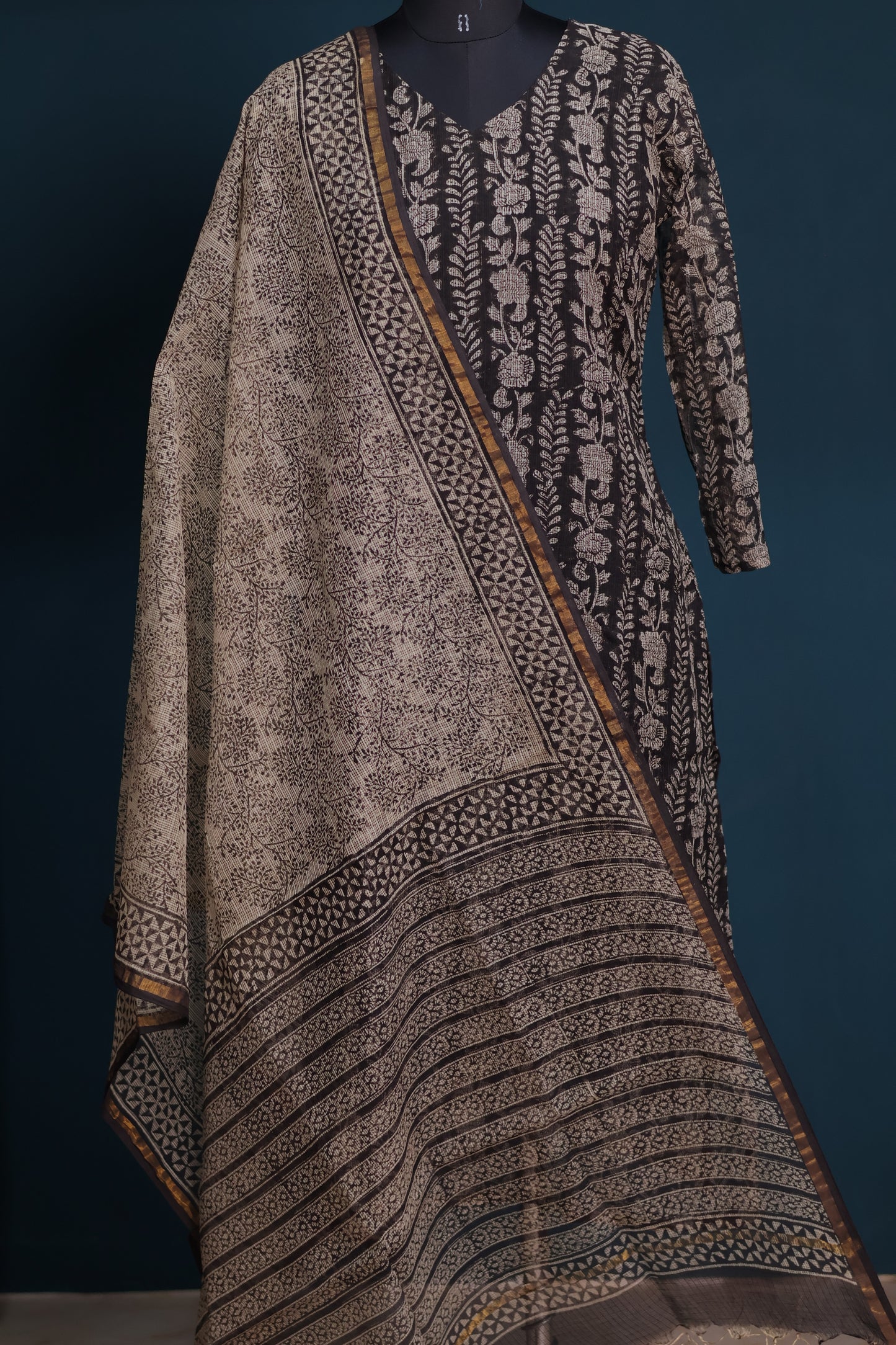 Black Handblock printed kota 3 piece suit (stitched)