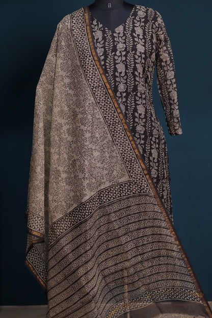 Black Handblock printed kota 3 piece suit (stitched)