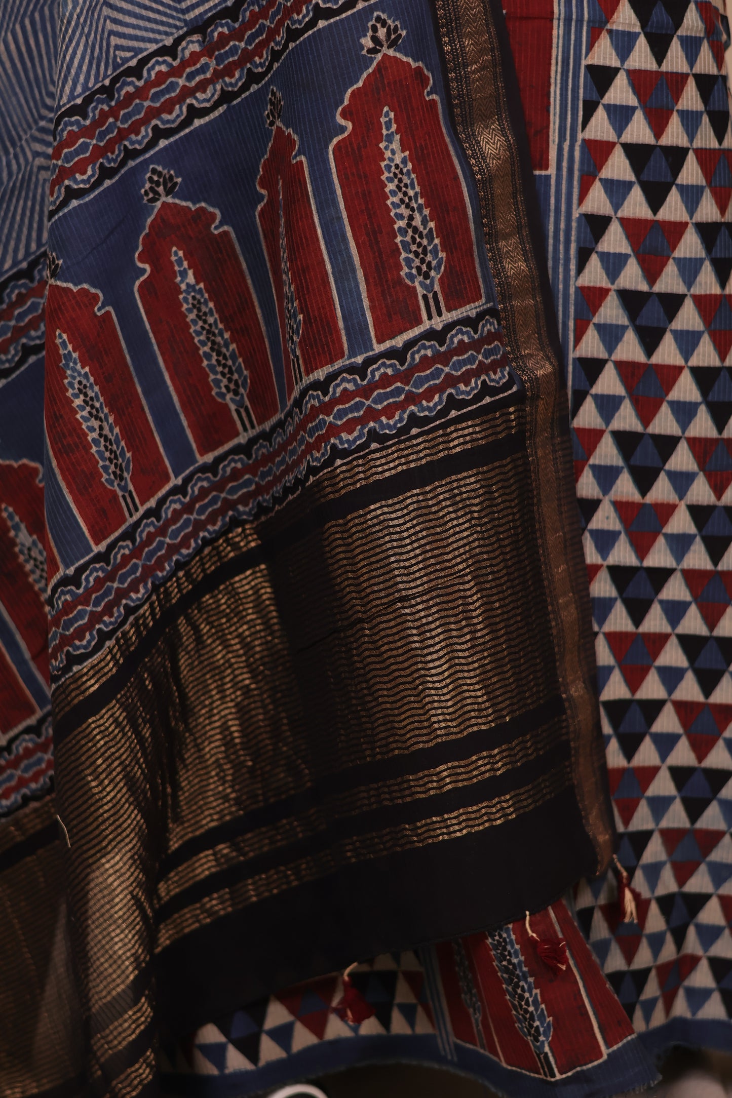 Maheswari Silk Cotton Ajrakh Handblock Printed 2 Piece Suit Set | Looms & Tassels