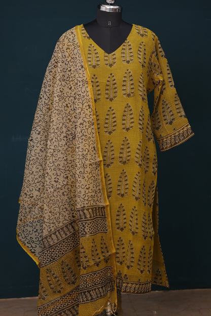 Mustard Handblock printed kota 3 piece suit (stitched)