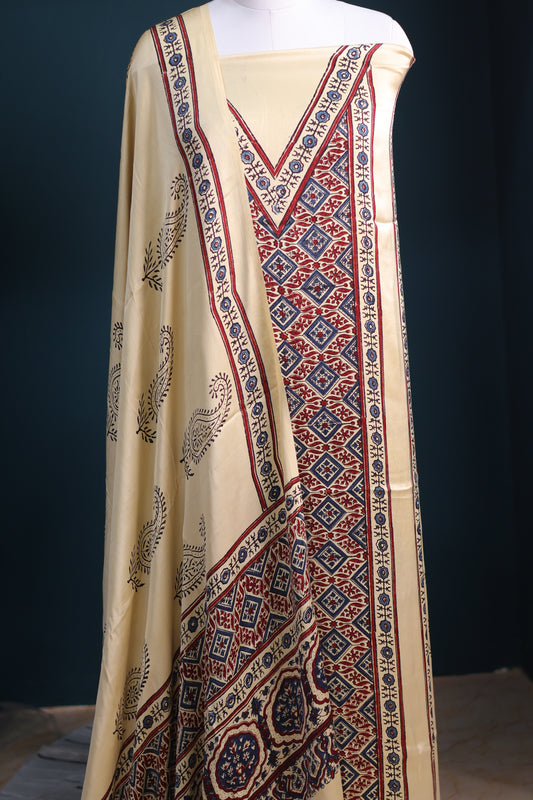 Handblock printed Ajrakh modal silk 2 piece suit set