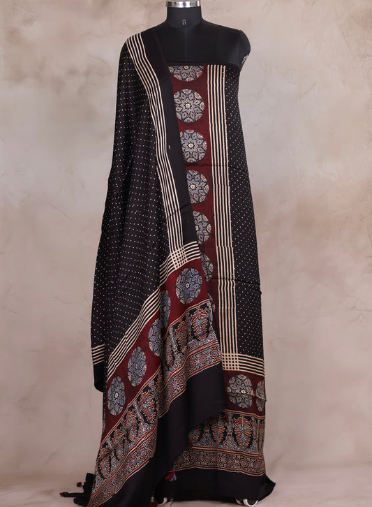 Black Ajrakh Handblock Printed Modal Silk 2 Piece Suit Set | Looms & Tassels
