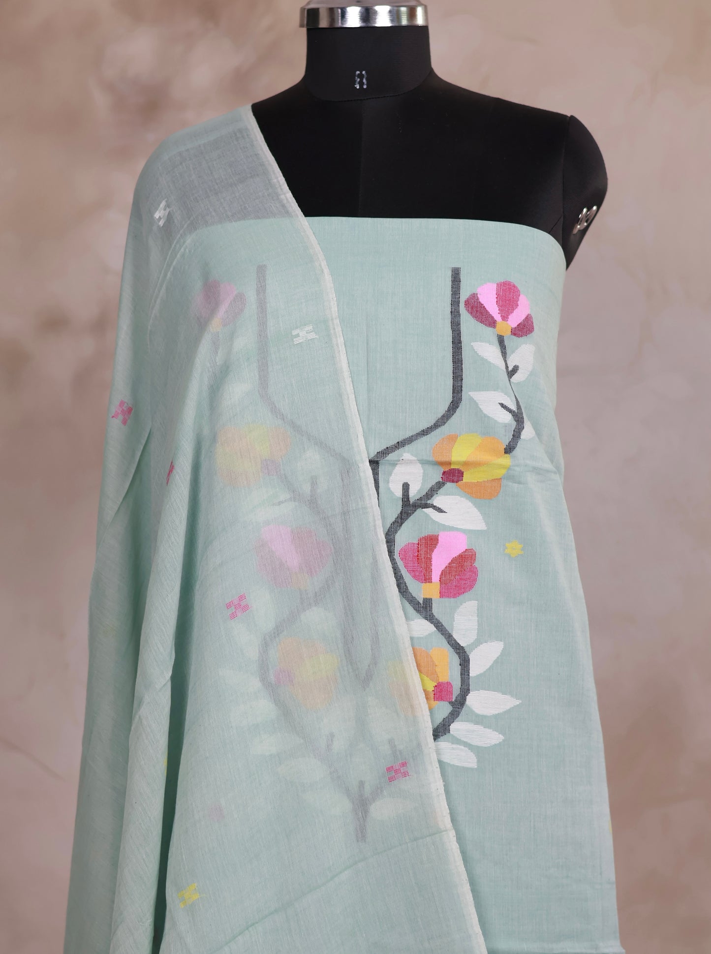 Pastel Mint Green Handwoven Jamdhani weaving pure Malai cotton 2 piece suit sets | Looms & Tassels