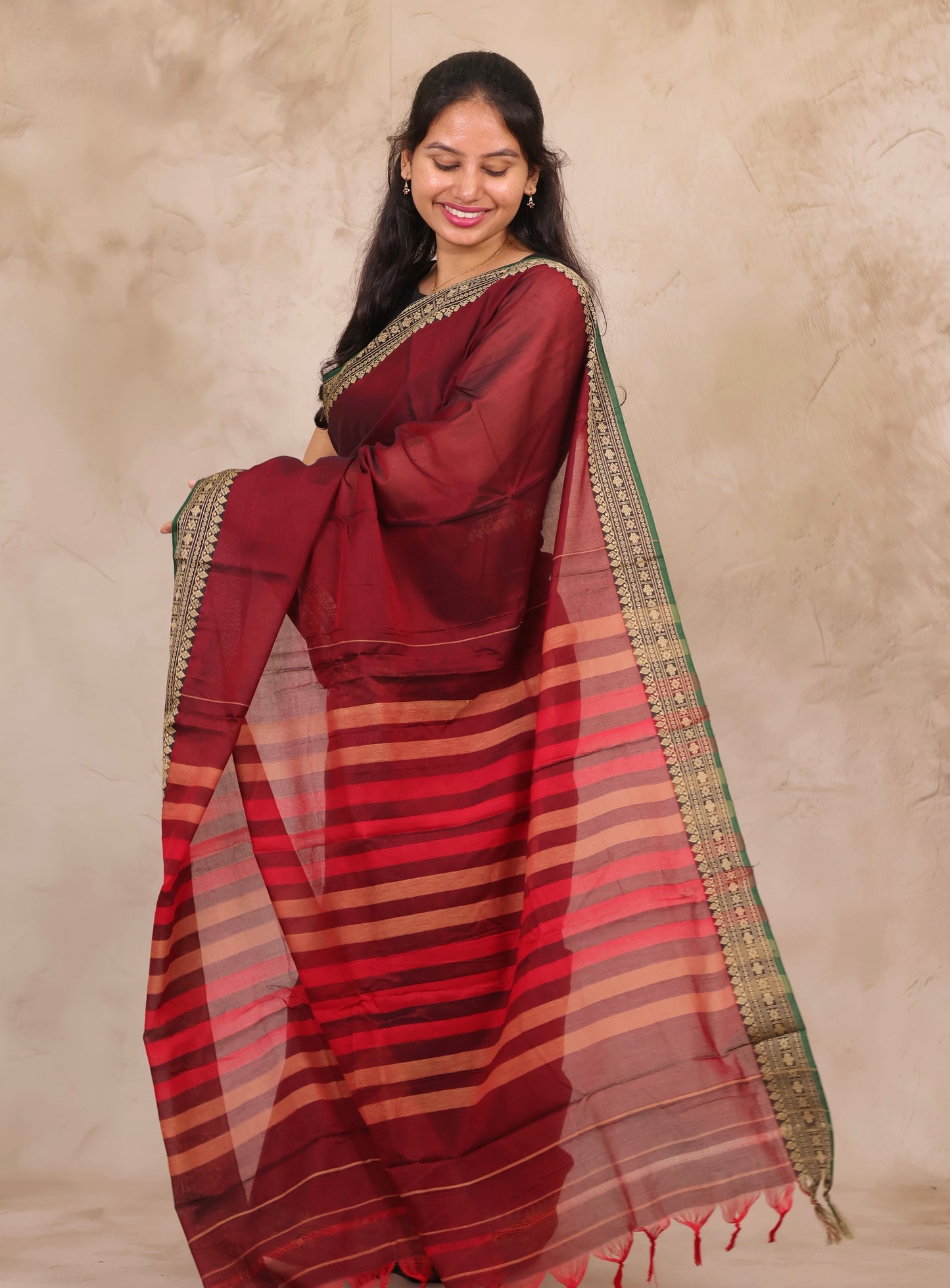 Maroon Narayanpet Cotton Saree | Looms & Tassels