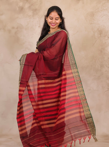 Maroon Narayanpet Cotton Saree | Looms & Tassels