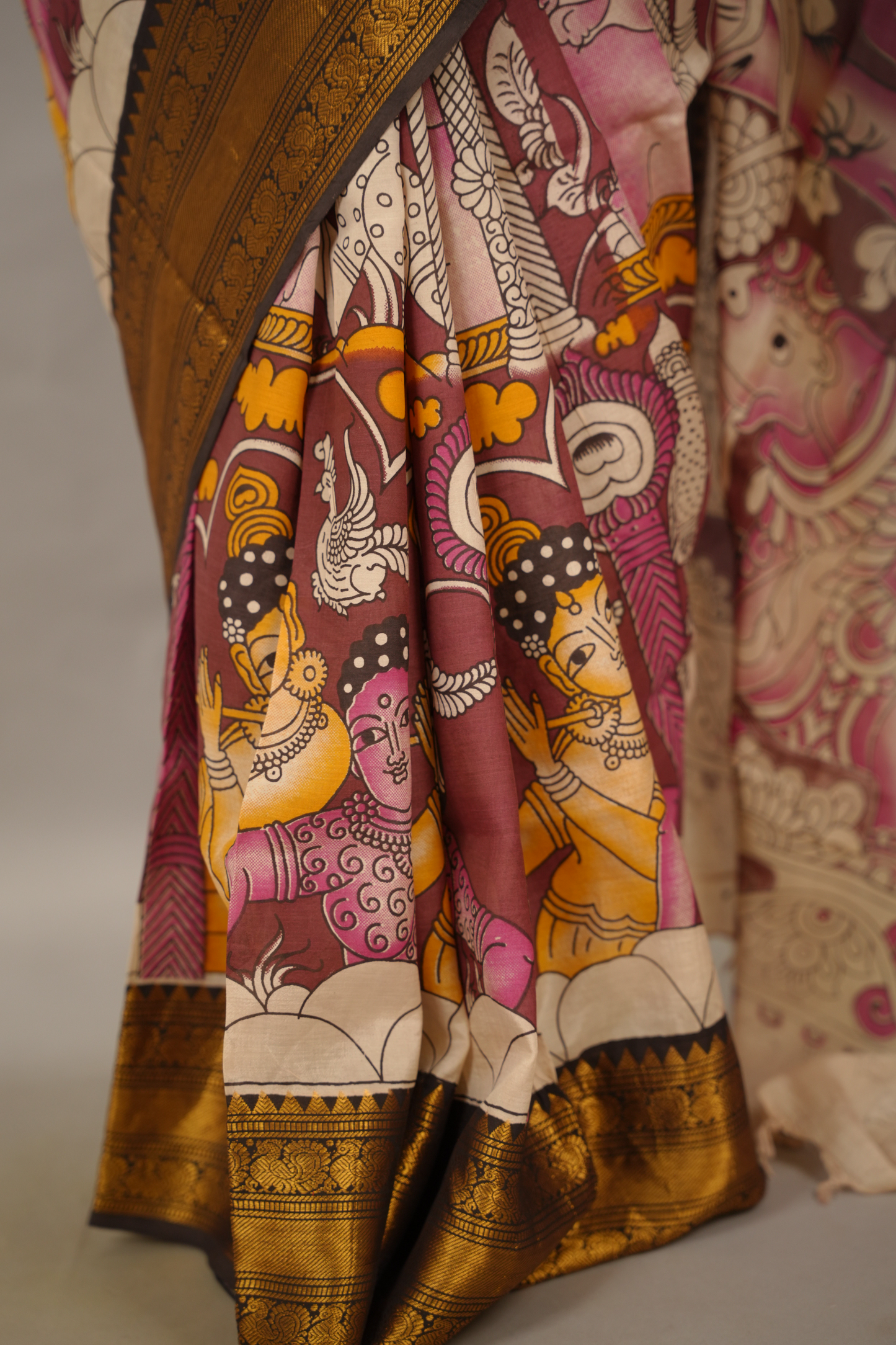 Dusty Maroon Kanchi border Kalamkari Chennur Silk Saree | Looms & Tassels