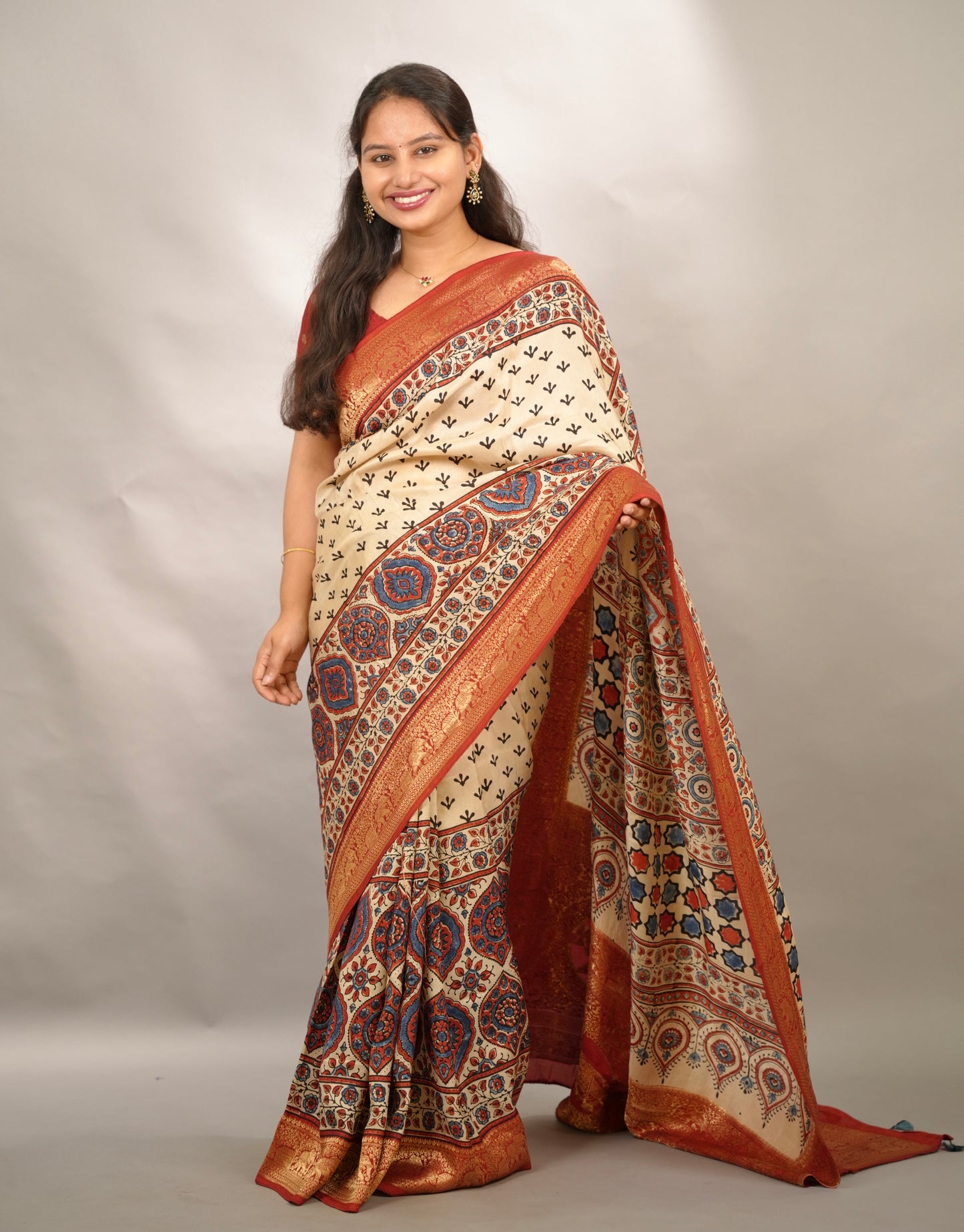 Cream Ajrakh Handblock printed Dola Silk Saree | Looms & Tassels