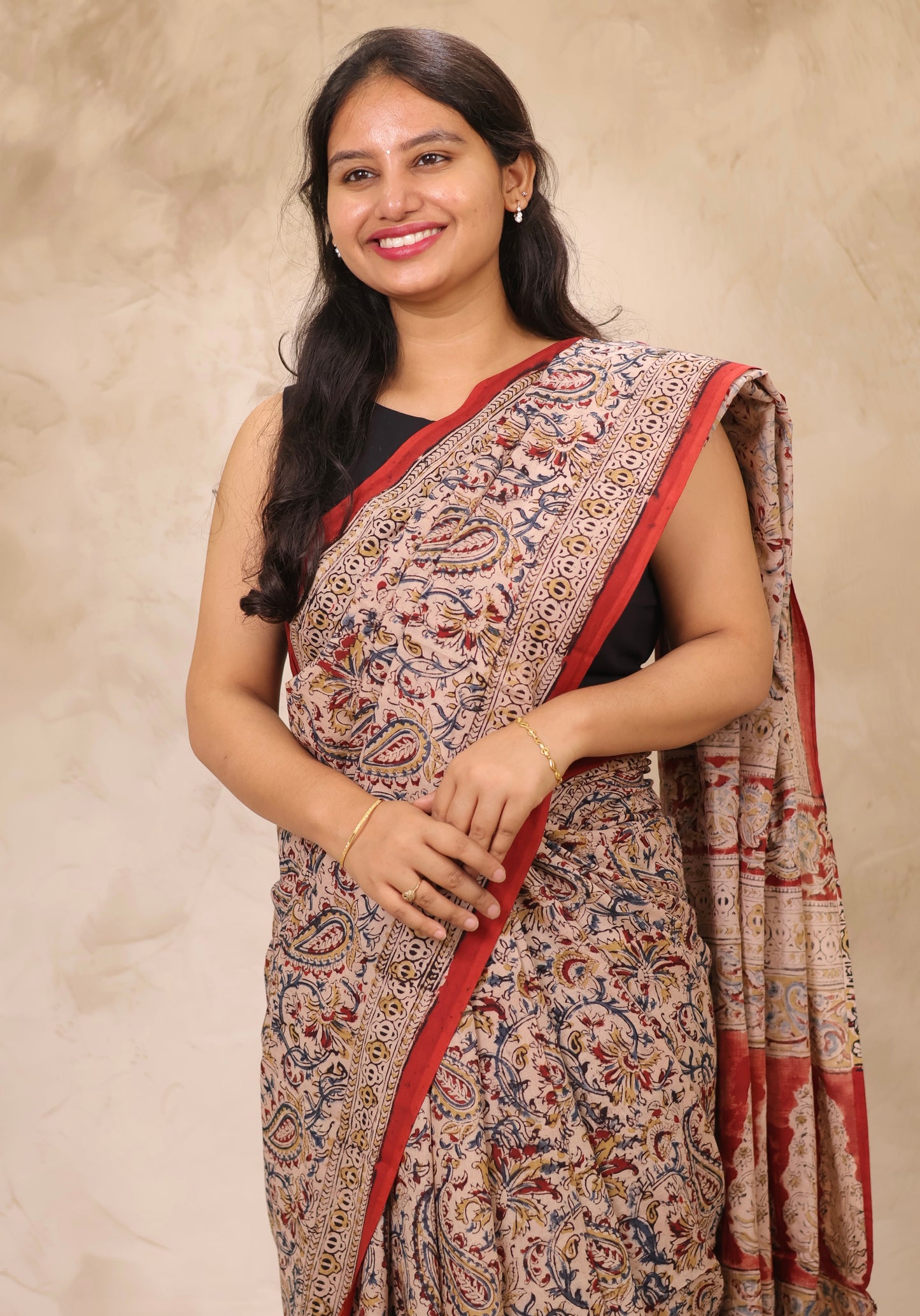 Cream Hand Block Printed Kalamkari Cotton Saree | Looms & Tassels