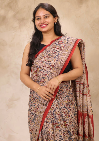 Cream Hand Block Printed Kalamkari Cotton Saree | Looms & Tassels