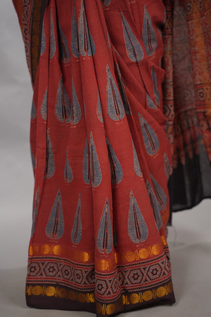 Maroon Ajrakh Hand Block Printed Sungudi Cotton Saree | Looms & Tassels