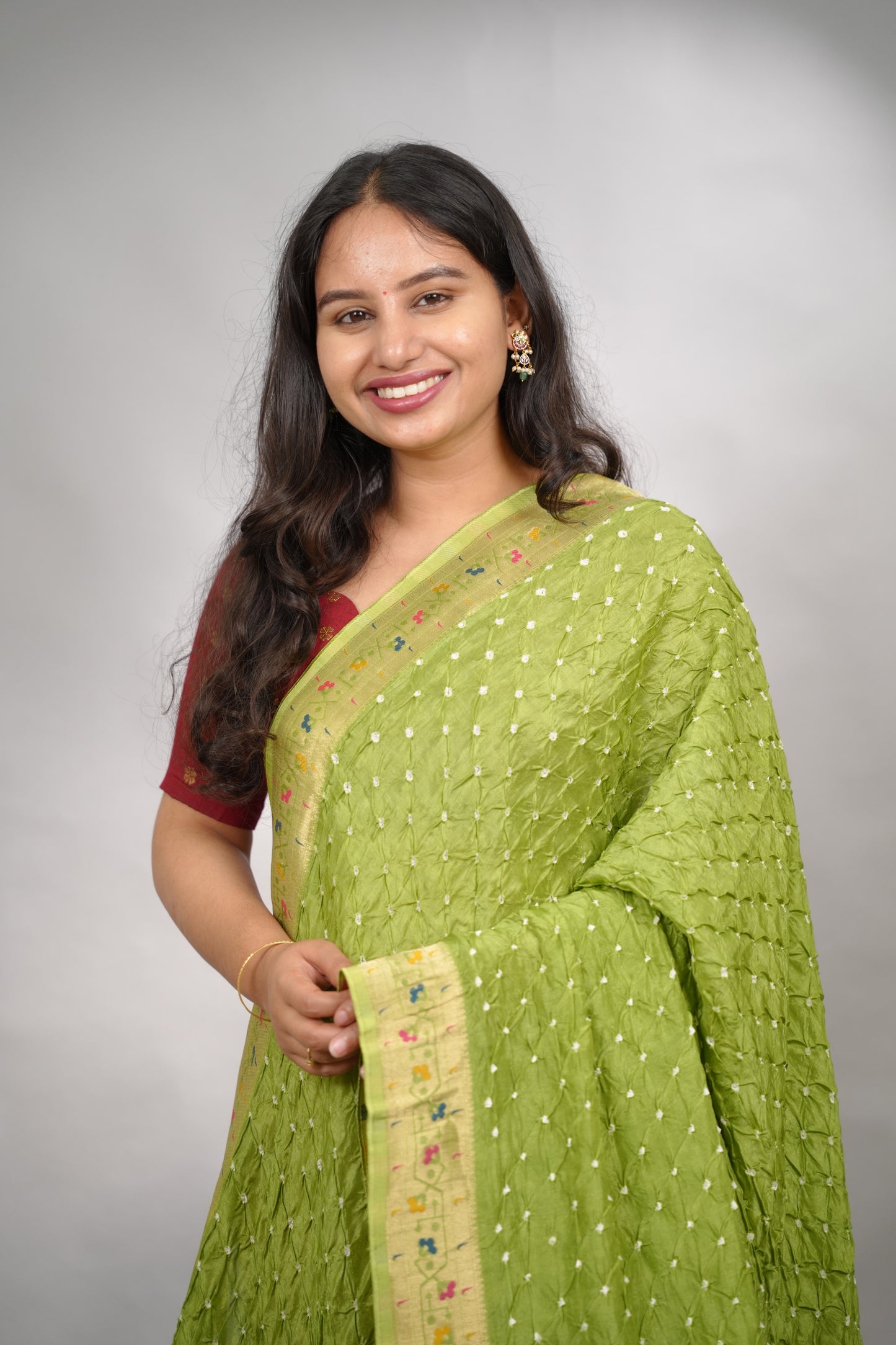 Parrot Green Handcrafted Bandhani Paithani Dola Silk Saree | Looms & Tassels