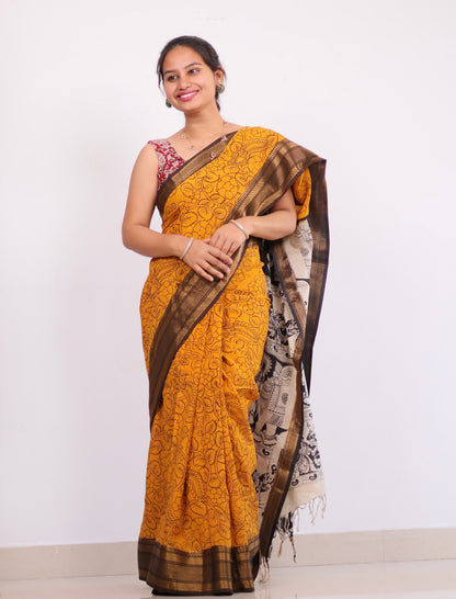 Mustard Dyeing Outline kalamkari silk saree