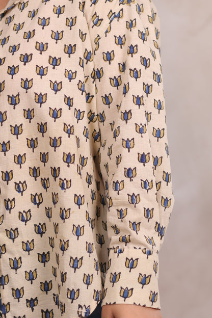Cream Ajrakh Handblock Printed Patch Work Shirt (Pure Cotton ) | Looms & Tassels