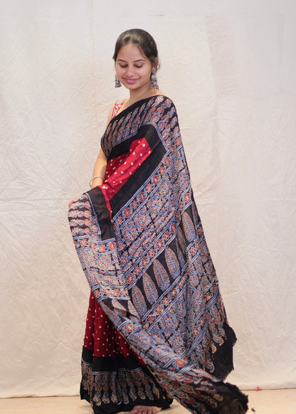 Maroon Ajrakh Bandhej Modal Silk Saree