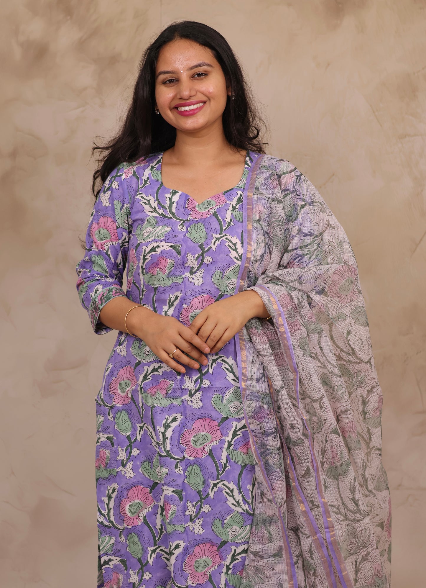 Lavender Handblock printed Pure Mul Cotton with Kota Doria Duppata 3 piece suit (stitched)