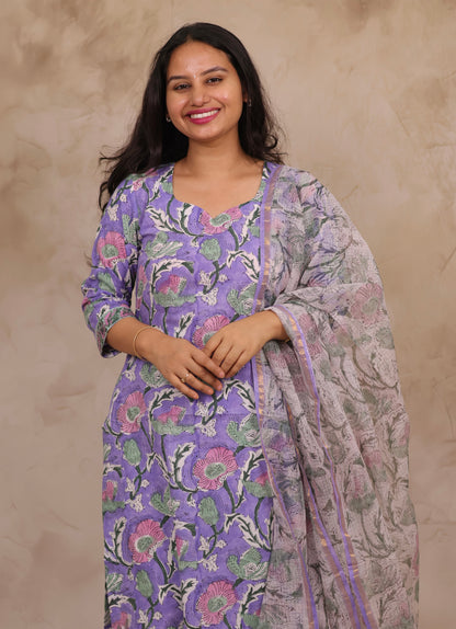 Lavender Handblock printed Pure Mul Cotton with Kota Doria Duppata 3 piece suit (stitched)