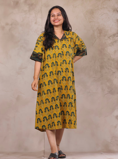 Mustard Ajrakh Handblock Printed Cotton Kaftan shirt dress – Elegant & Breathable Ethnic Wear | Looms & Tassels