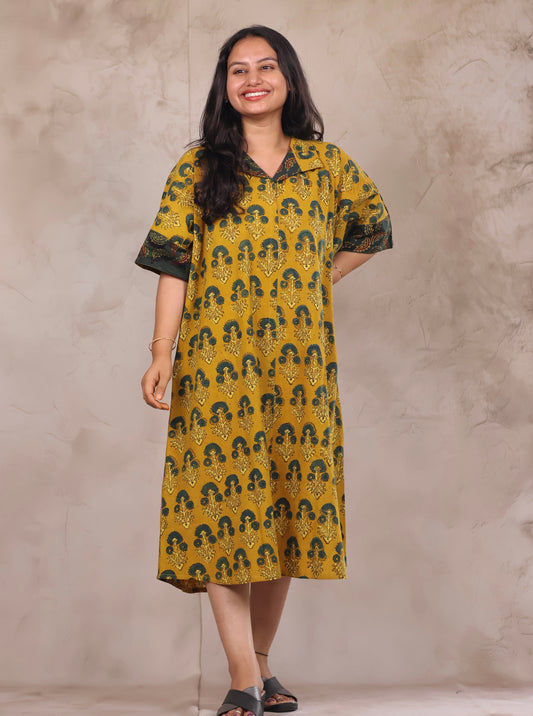 Mustard Ajrakh Handblock Printed Cotton Kaftan shirt dress – Elegant & Breathable Ethnic Wear | Looms & Tassels