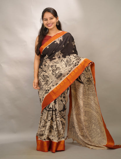 Black Kanchi border Kalamkari Chennur Silk Saree| Looms & Tassels