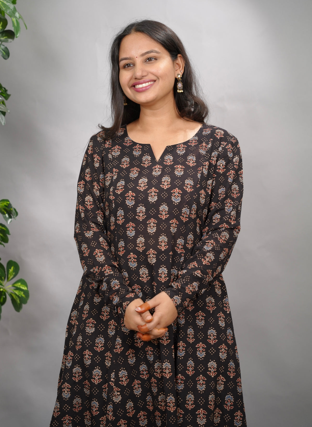 Black Ajrakh Handblock Printed Kali Kurta with Chudi Sleeves
