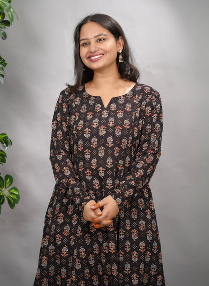 Black Ajrakh Handblock Printed Kali Kurta with Chudi Sleeves