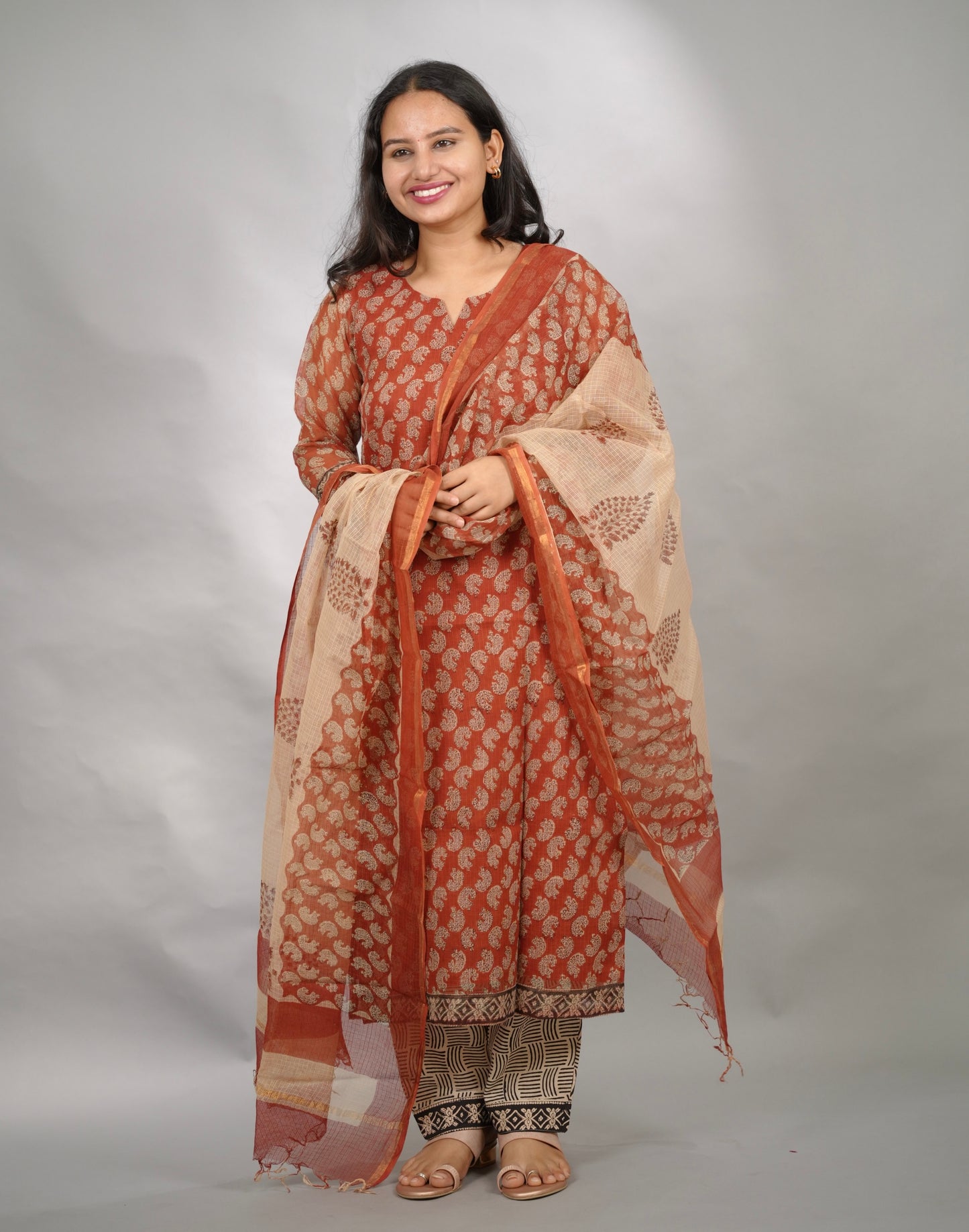 Maroon Handblock printed kota 3 piece suit (stitched)