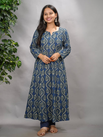 Indigo Ajrakh Cotton Kali Kurta | Looms & Tassels