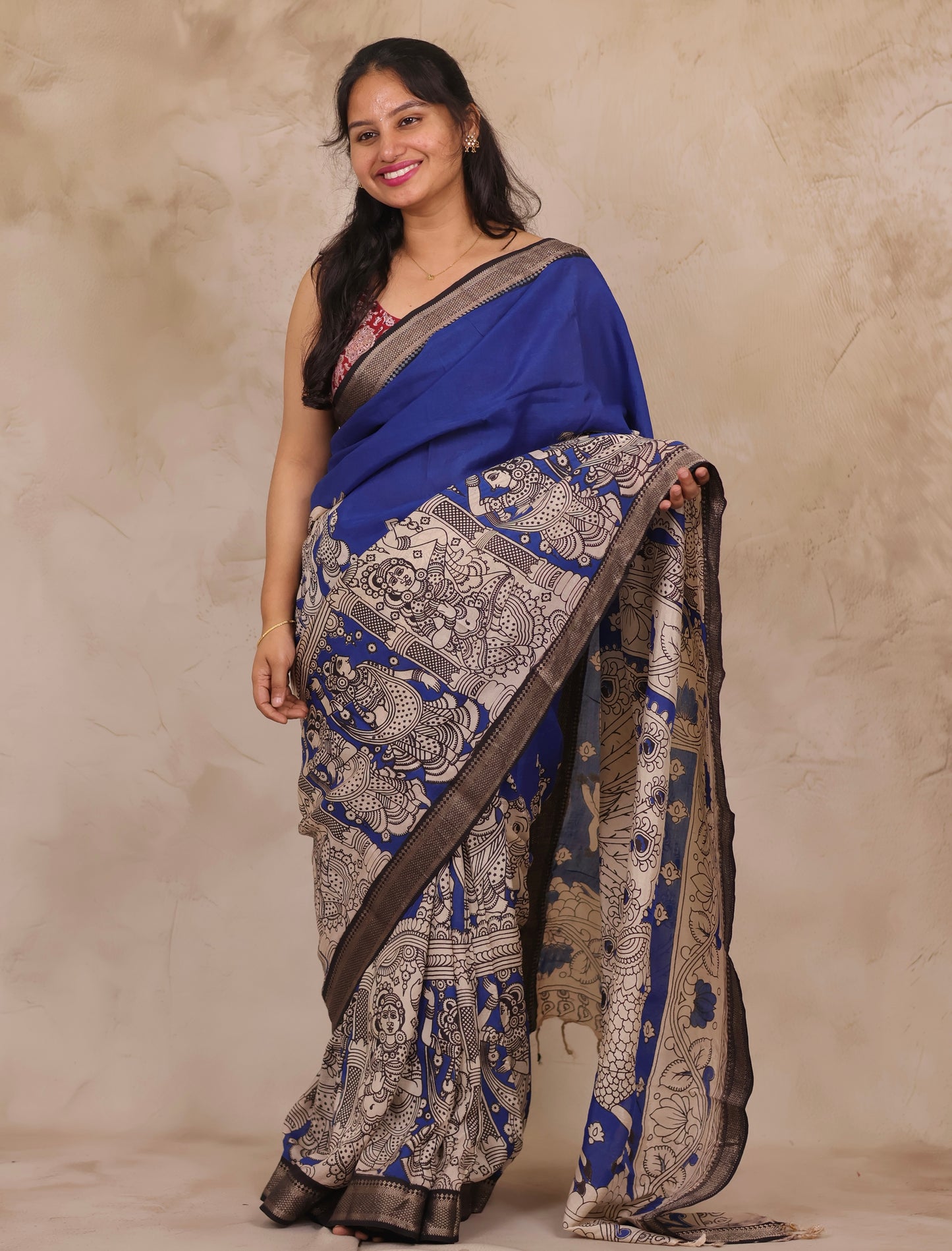 Ink Blue Story Telling Kalamkari Nizam Border Chennur Silk Saree | Looms & Tassels