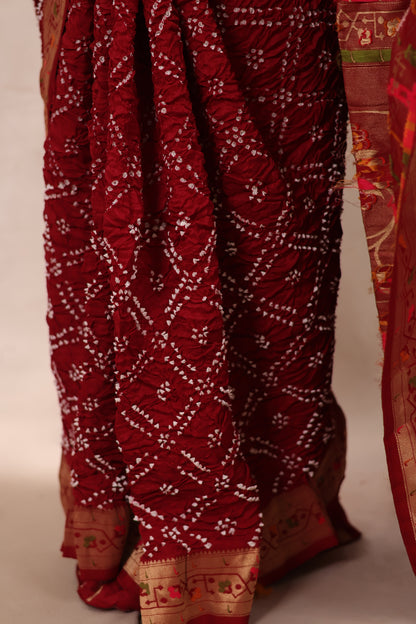 Deep Maroon Handcrafted Bandhani Paithani Dola Silk Saree | Looms & Tassels