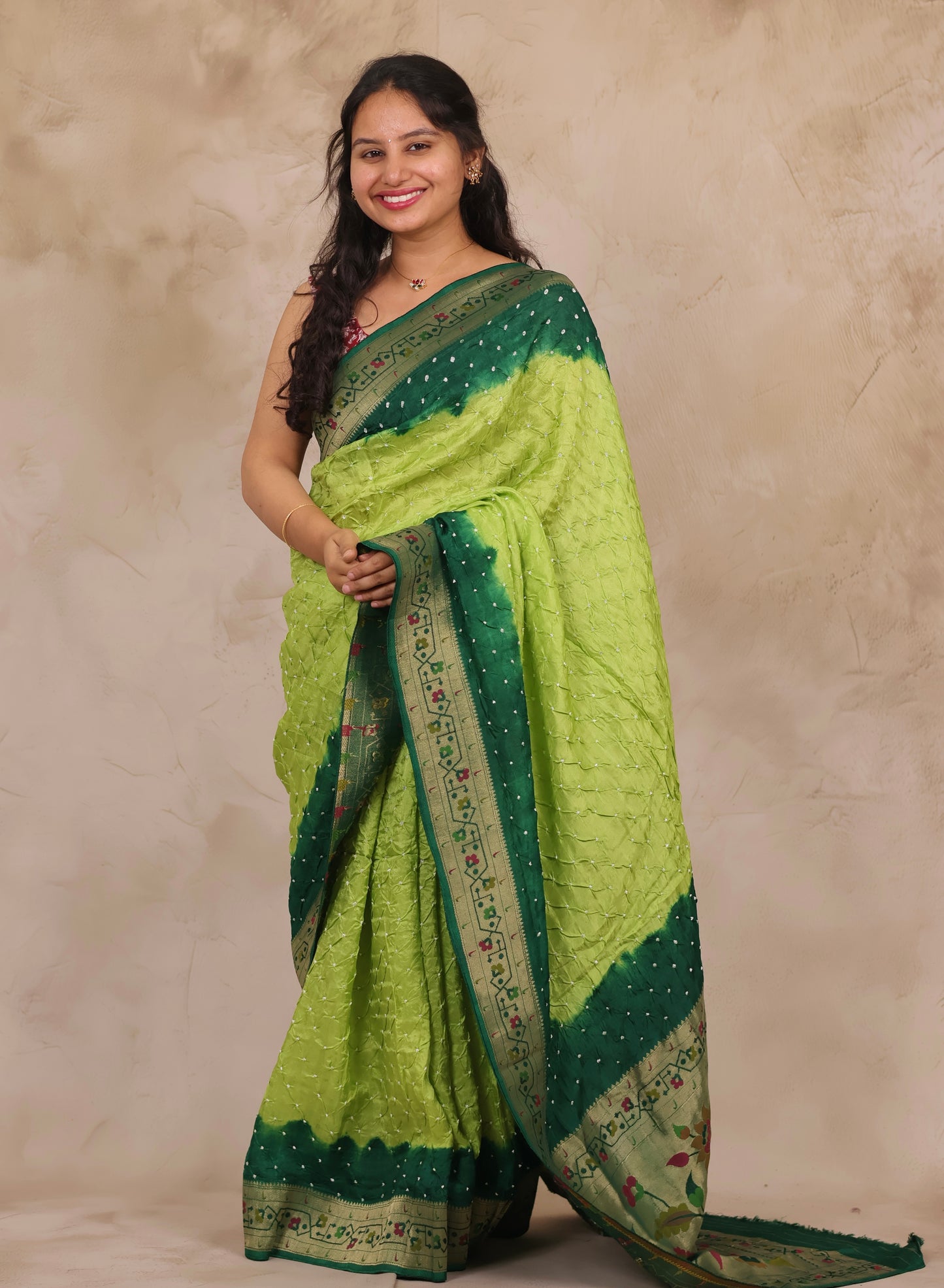 Dual Shade Green Handcrafted Bandhani Paithani Dola Silk Saree | Looms & Tassels