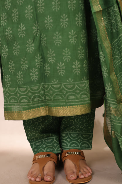 Green Handblock printed Pure Maheswari Silk 3 piece suit (stitched)
