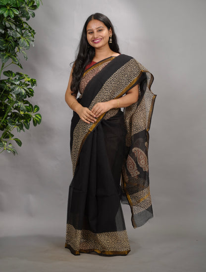 Black Pure Kota Doria Saree with Bagru Handblock Prints