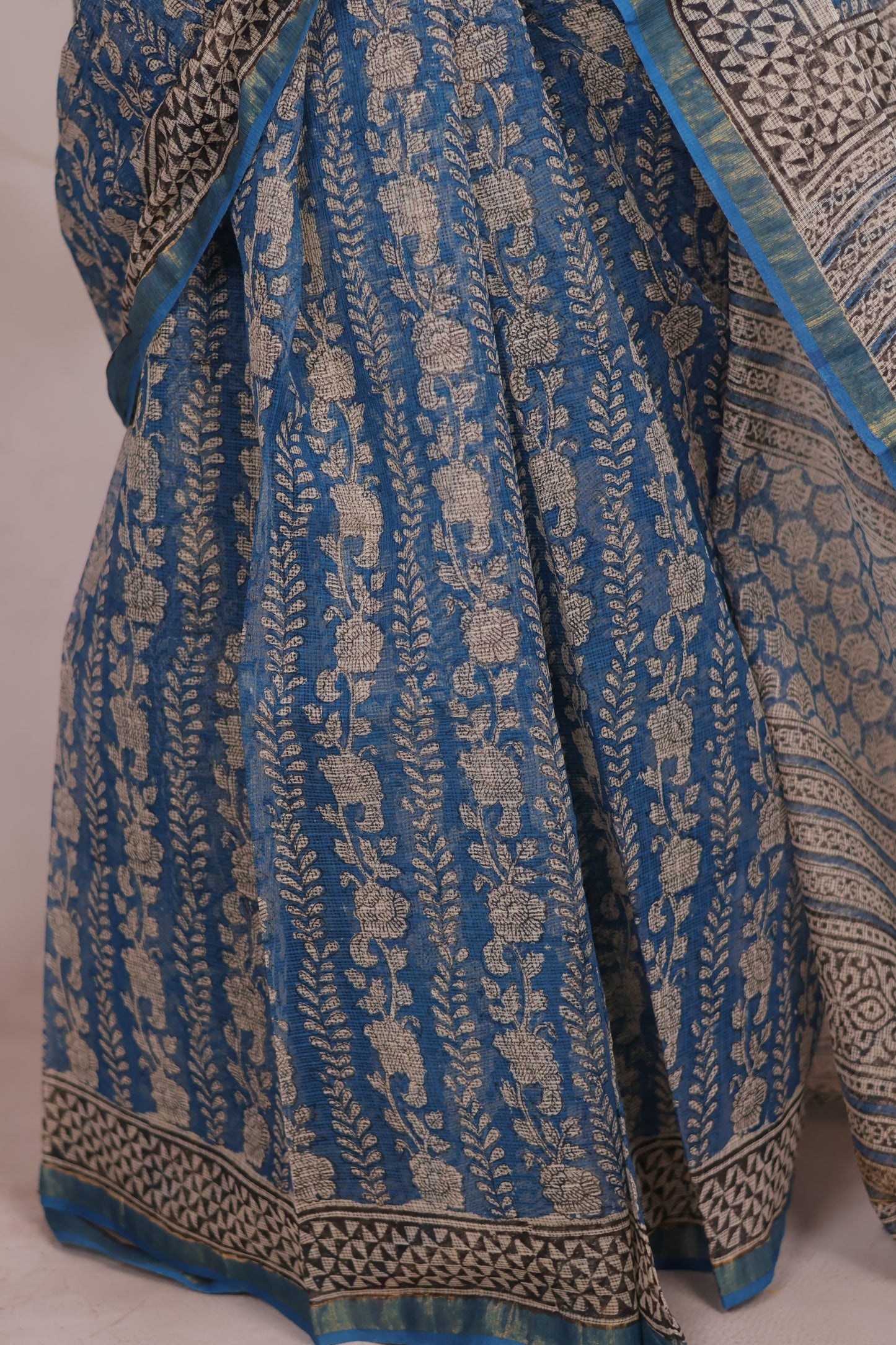 Teal Blue Pure Kota Doria Saree with Bagru Handblock Prints | Looms & Tassels