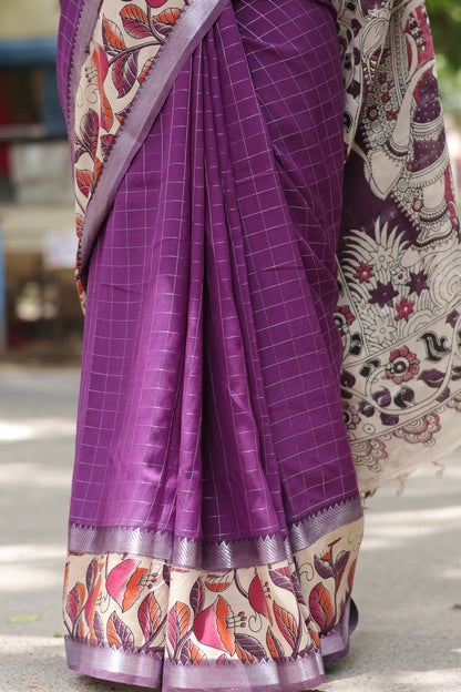 Purple Checks Kalamkari dyeing premium chennur silk saree