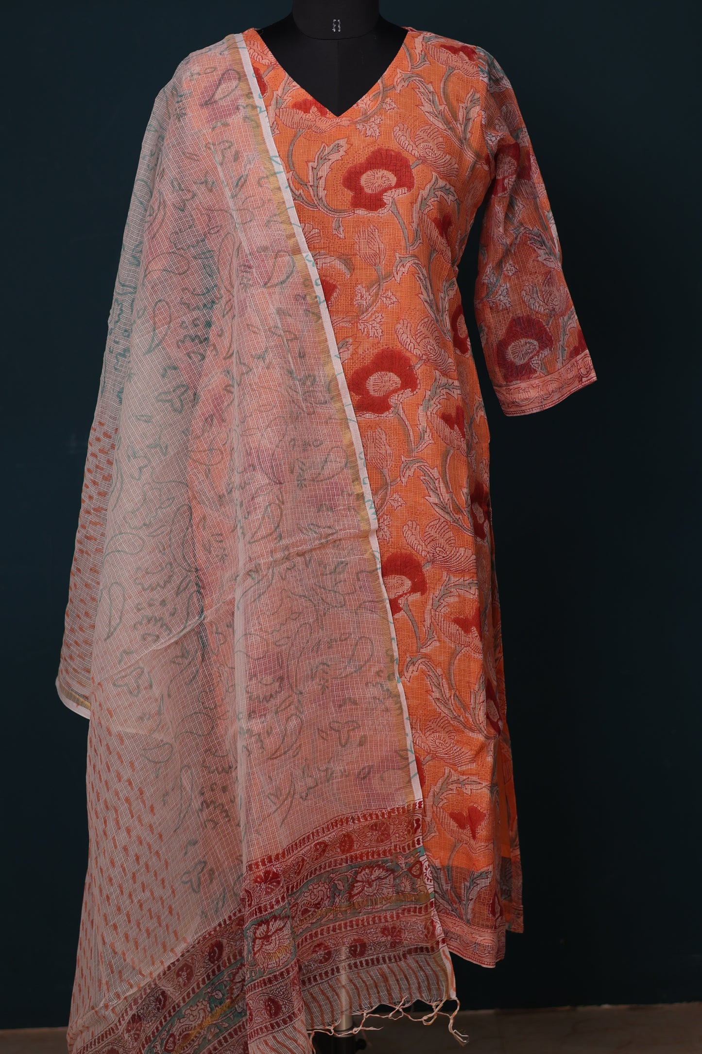 Pastel Orange Handblock printed kota 3 piece suit (stitched)