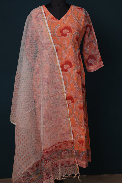 Pastel Orange Handblock printed kota 3 piece suit (stitched)