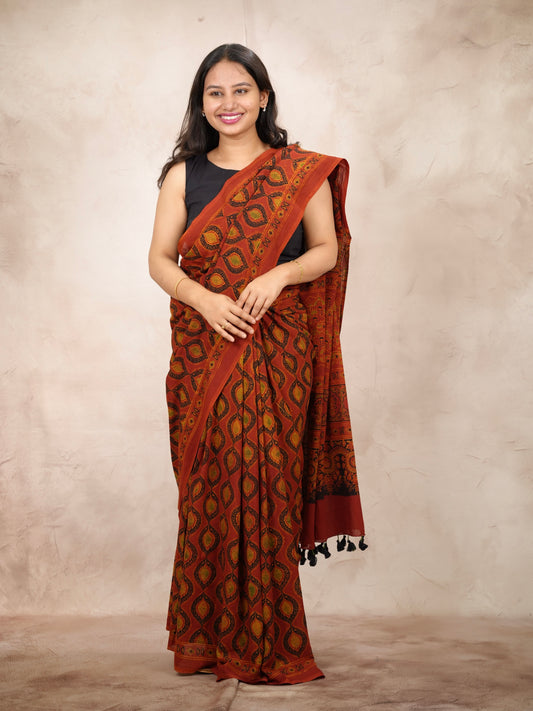 Ajrakh Hand Block Printed Cotton Saree | Looms & Tassels