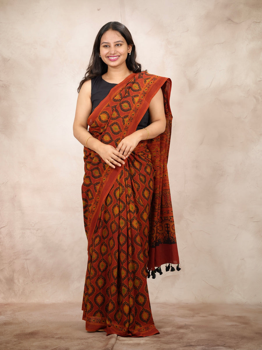 Ajrakh Hand Block Printed Cotton Saree | Looms & Tassels