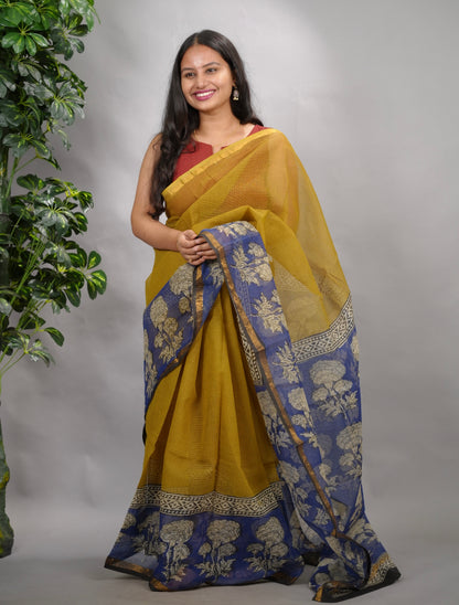 Mustard and Blue Pure Kota Doria Saree with Bagru Handblock Prints