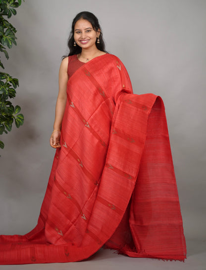 Red Handloom Jamdhani Pure Matka Silk Saree with Muslin Silk Pallu