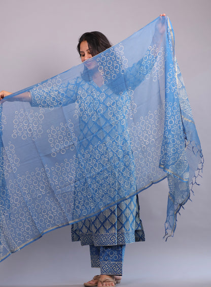 Blue Handblock printed Pure Mul Cotton with Mul Cotton Duppata 3 piece suit (stitched)