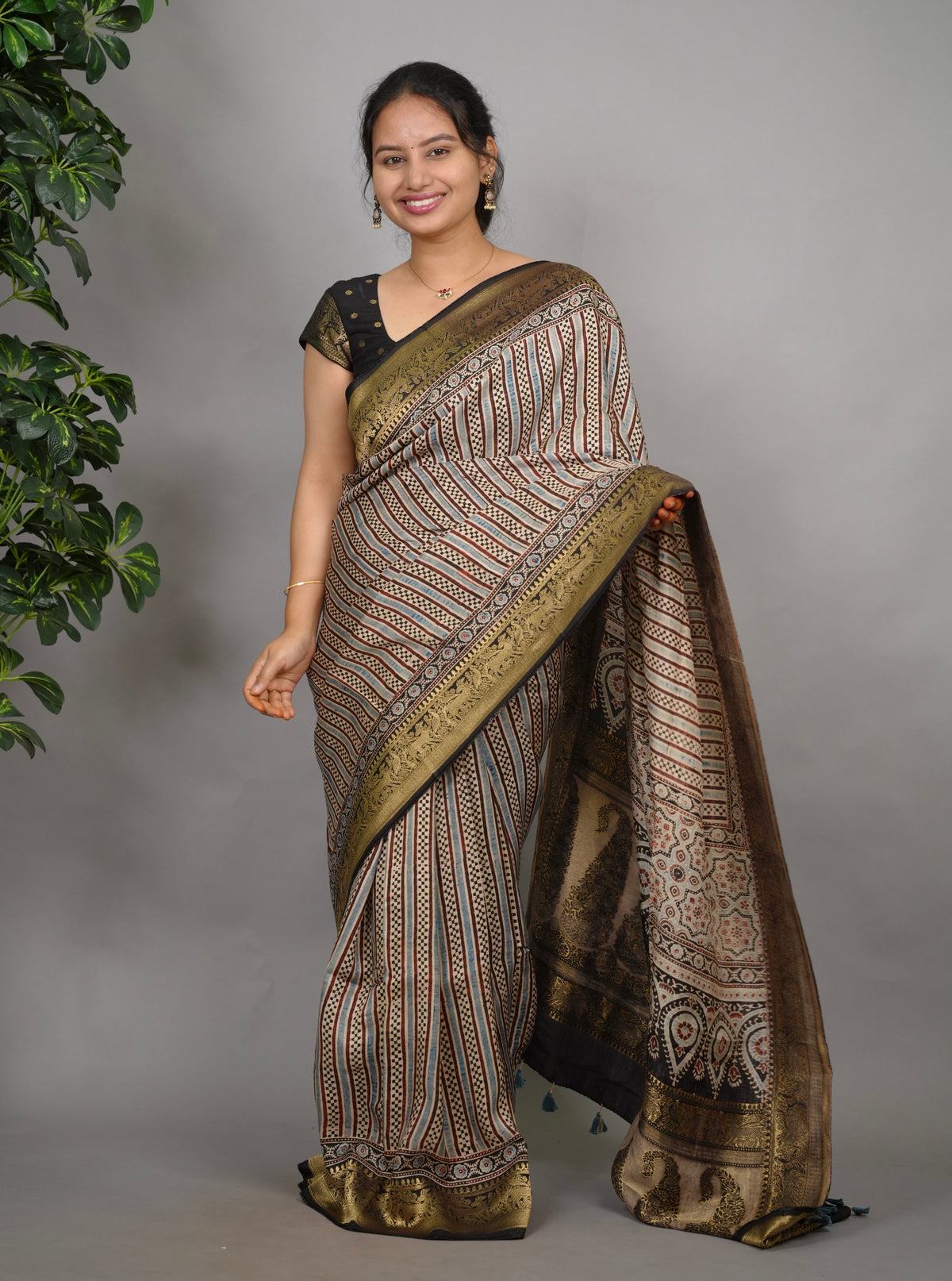 Contemporary Ajrakh Handblock printed Dola Silk Saree | Looms & Tassels